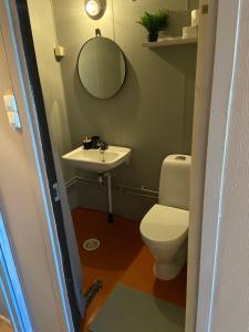 a bathroom with a white toilet and a sink at Spørkel Landbruk in Lier