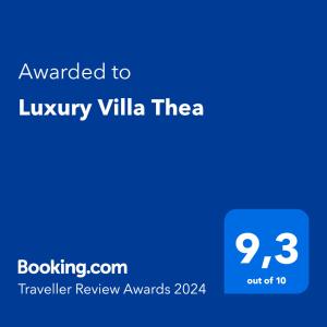 a blue text box with the words awarded to luxiv villa theatre at Luxury Villa Thea in Volos