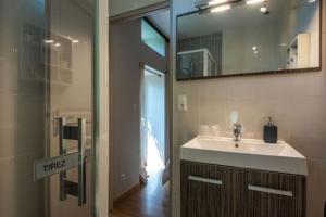 uma casa de banho com um lavatório e um espelho em Gîte Les Hirondelles em Curgy