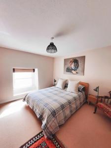 1 dormitorio con 1 cama con manta y ventana en Cosy House Close To Stunning Beaches en Braunton