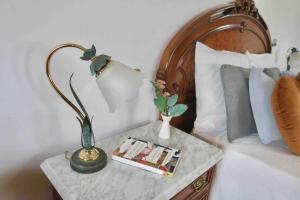 ein Bett mit einem Tisch mit einer Lampe und einer Zeitschrift in der Unterkunft Villa Airexe. Chalet con piscina y tenis en la Ribeira Sacra in Taboada