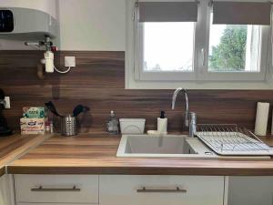 a kitchen counter with a sink and a window at Loiret Luxe Studio in Olivet