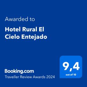 Ett certifikat, pris eller annat dokument som visas upp på Hotel Rural El Cielo Entejado