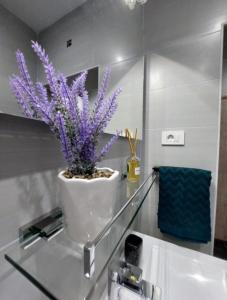 a white vase with a purple plant on a glass counter at Apartman Žuki in Pirovac +39 photos