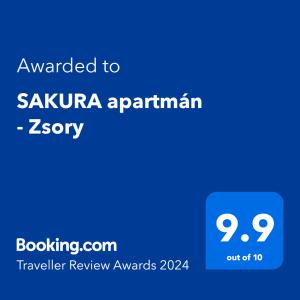 Сертификат, награда, табела или друг документ на показ в SAKURA apartmán Zsory