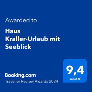 Sertifikatas, apdovanojimas, ženklas ar kitas apgyvendinimo įstaigoje Haus Kraller-Urlaub mit Seeblick matomas dokumentas