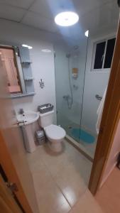 een badkamer met een toilet, een douche en een wastafel bij Palmer in Santiago de los Caballeros