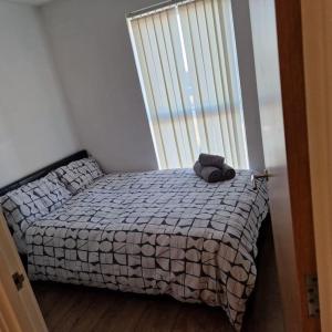 a bedroom with a bed with a pillow and a window at Two Bed in Sportscity Manchester in Manchester