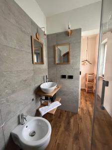 a bathroom with a sink and a toilet and a mirror at Stanza in sondrio Coel in Sondrio +48 photos