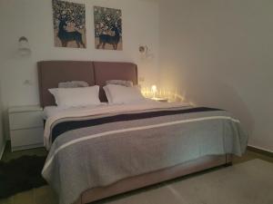 a bedroom with a large bed with lights on it at Studio Casa Ursu' in Predeal