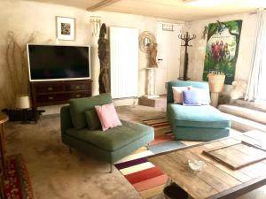 a living room with two chairs and a television at Grange spacieuse et élégante in Dourgne