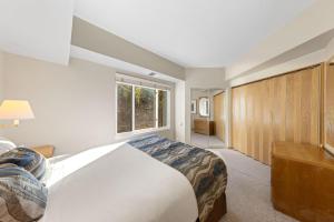 オリンピックバレーにあるPalisades Tahoe Lodge Rentals One Bedroom #120の大きなベッドと窓のある寝室 +8枚の写真