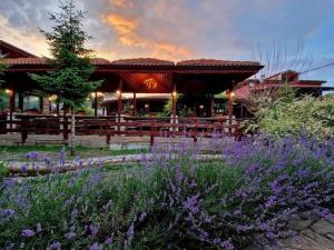 a garden with purple flowers in front of a building at Guest Rooms Wild Duck in Ezerets