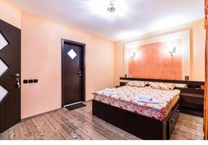 a bedroom with a bed and a mirror and a door at Tampa Holiday Vila in Braşov