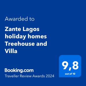 a screenshot of a phone with the text awarded to zennis lacs holiday homes at Zante Lagos holiday homes Treehouse and Villa in Vouyiáton