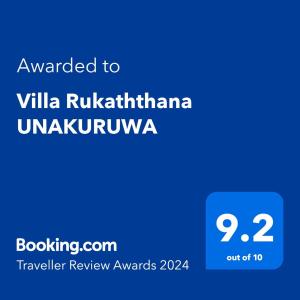 Certifikát, ocenenie alebo iný dokument vystavený v ubytovaní Villa Rukaththana UNAKURUWA