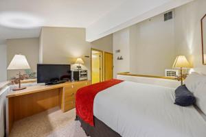 オリンピックバレーにあるPalisades Tahoe Lodge Rentals Studio Loft #307のベッドと薄型テレビがあるホテルの部屋