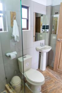 y baño con aseo y lavamanos. en Hotel Pura Natura Riverside Tortuguero en Tortuguero