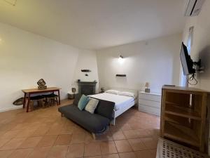 a bedroom with a bed and a couch and a tv at B&B LA CASA DEL PESCATORE in Marina di Camerota