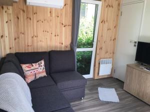 a living room with a couch and a television at Holiday Home Tiny Haus Motte by Interhome in Wemding