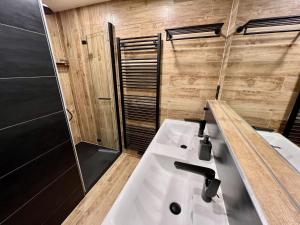 a bathroom with a white sink and a shower at Holiday Home Říčky v Orlických horách F39 by Interhome in Říčky