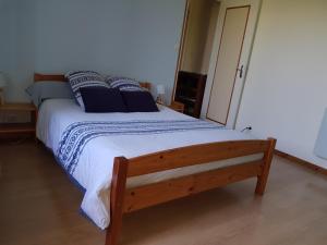 a bedroom with a large bed with blue pillows at T2 très bien placé à 2mns des plages in Biarritz