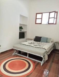 a bedroom with a bed and a large rug at Comoda habitacion con baño privado morelos 1 in Querétaro