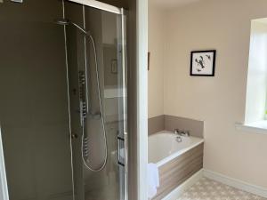 a bathroom with a shower and a tub and a sink at Apple Cottage in Newton Stewart