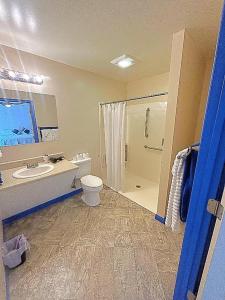 ein Bad mit einem Waschbecken, einem WC und einer Dusche in der Unterkunft Cozy Bear Inn in Maggie Valley