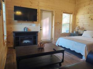 Schlafzimmer mit einem Bett, einem Kamin und einem TV in der Unterkunft Cozy Cabin - New Tiny Cabin with Hot Tub/Fire Pit in Sevierville