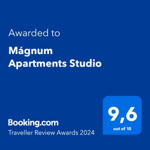 Palkinto, sertifikaatti, kyltti tai muu asiakirja, joka on esillä majoituspaikassa Mágnum Apartments Studio