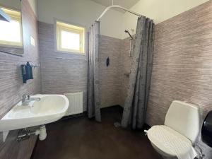 a bathroom with a sink and a shower and a toilet at Rasta Falköping in Falköping