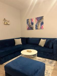 a living room with a blue couch and two paintings at Central Gem Tirana in Tirana