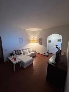 een woonkamer met een witte bank en een tv bij Appartamento Ilesis in San Casciano in Val di Pesa