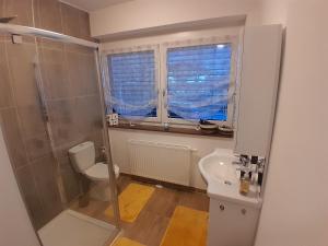 een badkamer met een douche, een toilet en een wastafel bij Ferienwohnung Christina in Möllbrücke