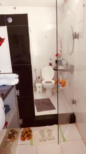 瓜賓的住宿－Casa Ventos Guaibim，一间带卫生间和玻璃淋浴间的浴室