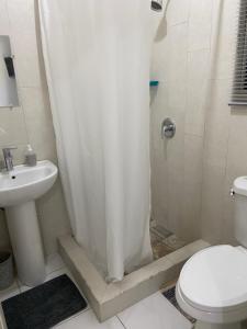 a bathroom with a shower with a toilet and a sink at 1 Bed Cottage in Gated Community in Banks