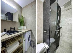 two pictures of a bathroom with a shower and a toilet at Flat design with SEA view promenade des anglais in Nice