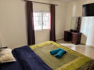 um quarto com uma cama com uma almofada azul em Have a fun in blida em Dilida