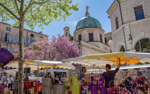 un grupo de personas en un mercado al aire libre con sombrillas en Un nid sur les toits avec terrasse en Apt