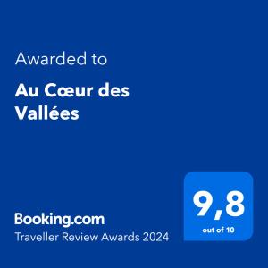 Palkinto, sertifikaatti, kyltti tai muu asiakirja, joka on esillä majoituspaikassa Au Cœur des Vallées