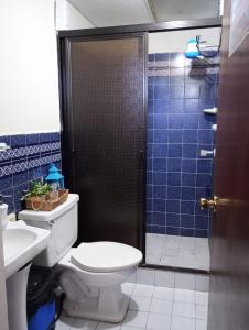 a bathroom with a toilet and a shower with blue tiles at Pool House Hostel in Santa Ana