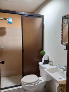 Pool House Hostel في سانتا آنا: حمام مع مرحاض ومغسلة