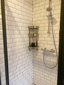 El baño incluye ducha de azulejos blancos con manguera. en Simone's Kitchen B&B, en Amberes