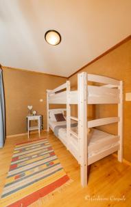 1 dormitorio con 2 literas y alfombra en Hôtel l’escale, en Le Châble