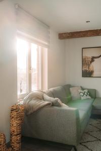 a living room with a green couch and a window at Villa ADurbuy avec Jacuzzi in Durbuy