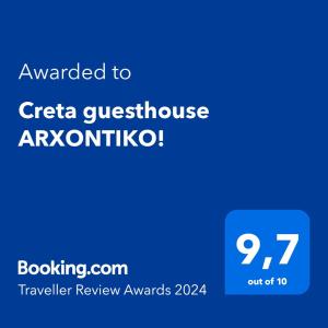 a blue screen with the text awarded to gica gucciswick arontica at Creta guesthouse ARXONTIKO! in Smárion