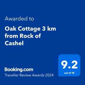 Oak Cottage 3 km from Rock of Cashel في كاشيل: لقطةٌ شاشة لهاتف مع النص تمت ترقيته إلى كوخ من خشب البلوط على بعد كيلومتر من الصخور