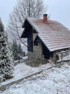 a small house with a snow covered roof at Planinska kuća Savić, Kopaonik in Kopaonik
