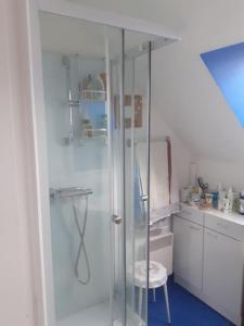 baño con ducha de cristal con taburete en Chez Édouard et Aline en Ploubazlanec